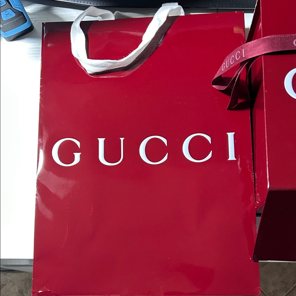 Gucci Crimson Tote with White Accents, gift box, ribbon, and white paper set.